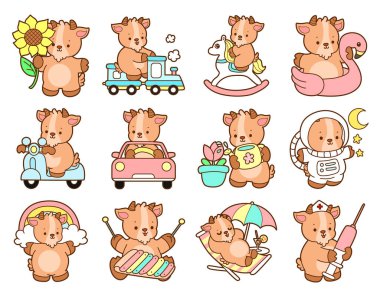 Şirin keçi hayvan simgesi çıkartmaları. Ulaşım varyasyonunda keçi