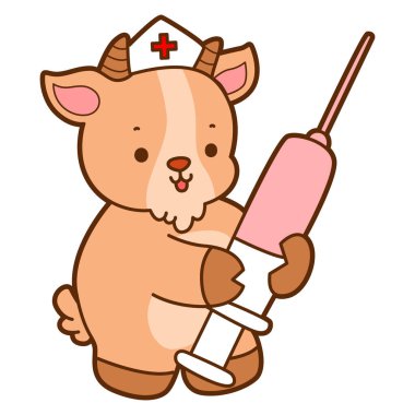 Şirin keçi hayvan simgesi çıkartmaları. Keçi, şırınga getir.