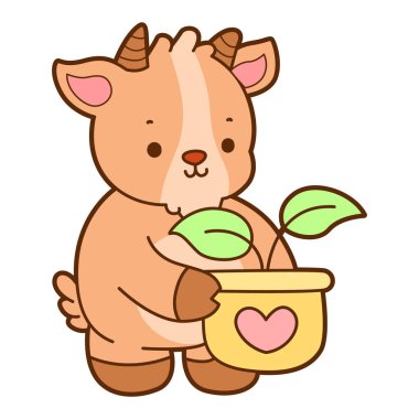 Şirin keçi hayvan simgesi çıkartmaları. Keçi, tencereye yaprak getir.