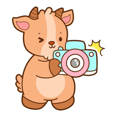 Şirin keçi hayvan simgesi çıkartmaları. Keçi kamerayı tıkla