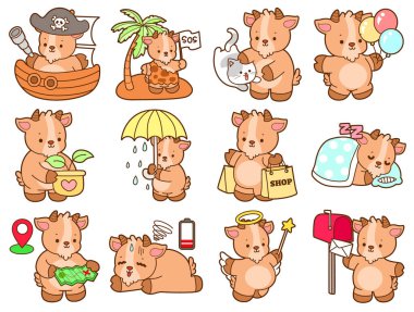 Şirin keçi hayvan simgesi çıkartmaları. Rastgele etkinlik varyasyonunda keçi