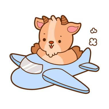 Şirin keçi hayvan simgesi çıkartmaları. Uçağa binen keçi