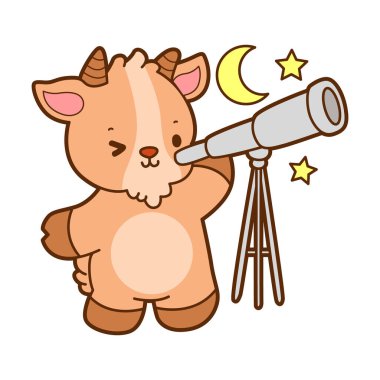 Şirin keçi hayvan simgesi çıkartmaları. Keçi Ay 'ı teleskopla görüyor