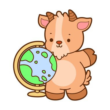 Şirin keçi hayvan simgesi çıkartmaları. Keçi bir küre getir.