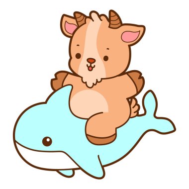 Sevimli keçi hayvan simgesi çıkartmalarının renkli sayfaları. Keçi çizgisi Çilekli kek getir