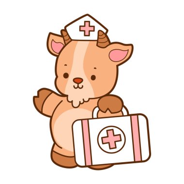 Sevimli keçi hayvan simgesi çıkartmalarının renkli sayfaları. Keçi çizgisi Çilekli kek getir