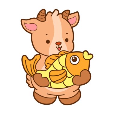 Sevimli keçi hayvan simgesi çıkartmalarının renkli sayfaları. Keçi çizgisi Çilekli kek getir