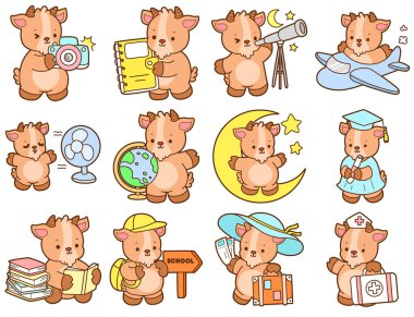 Sevimli keçi hayvan simgesi çıkartmalarının renkli sayfaları. Keçi çizgisi Çilekli kek getir