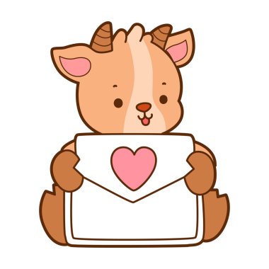 Sevimli keçi hayvan simgesi çıkartmalarının renkli sayfaları. Keçi çizgisi Çilekli kek getir