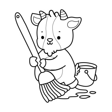 Sevimli keçi hayvan simgesi çıkartmalarının renkli sayfaları. Keçi çizgisi Çilekli kek getir