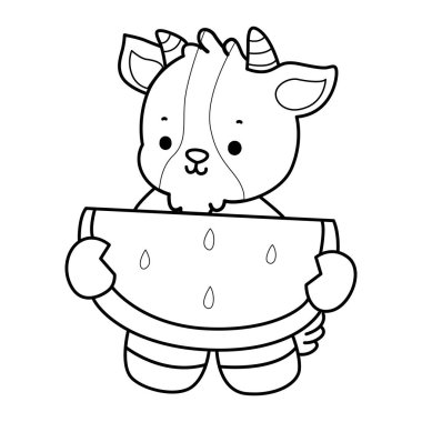 Sevimli keçi hayvan simgesi çıkartmalarının renkli sayfaları. Keçi çizgisi Çilekli kek getir