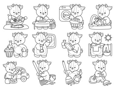 Sevimli keçi hayvan simgesi çıkartmalarının renkli sayfaları. Keçi çizgisi Çilekli kek getir