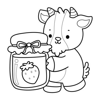 Sevimli keçi hayvan simgesi çıkartmalarının renkli sayfaları. Keçi çizgisi Çilekli kek getir