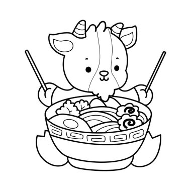 Sevimli keçi hayvan simgesi çıkartmalarının renkli sayfaları. Keçi çizgisi Çilekli kek getir