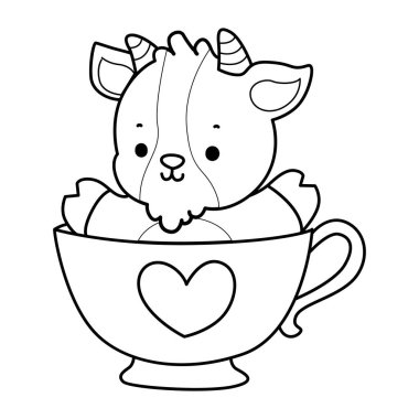 Sevimli keçi hayvan simgesi çıkartmalarının renkli sayfaları. Keçi çizgisi Çilekli kek getir