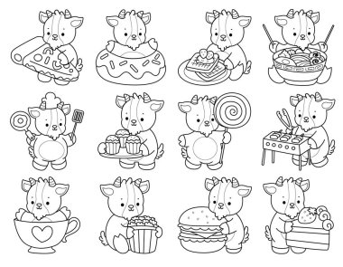 Sevimli keçi hayvan simgesi çıkartmalarının renkli sayfaları. Fast food ve sokak yemeklerinin çeşitliliğinde keçi taslağı.