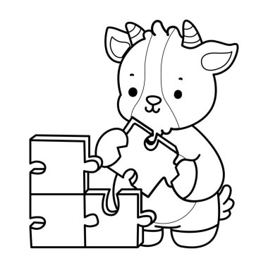 Sevimli keçi hayvan simgesi çıkartmalarının renkli sayfaları. Yapboz oynayan keçinin ana hatları