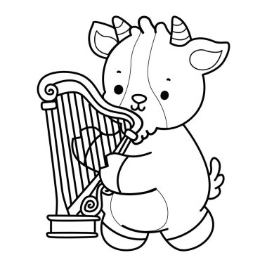 Sevimli keçi hayvan simgesi çıkartmalarının renkli sayfaları. Harpa çalan keçi taslağı.