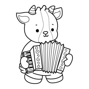 Sevimli keçi hayvan simgesi çıkartmalarının renkli sayfaları. Akordeon çalan keçi çizgisi