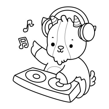 Sevimli keçi hayvan simgesi çıkartmalarının renkli sayfaları. Barda disk çalan keçi taslağı.