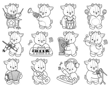 Sevimli keçi hayvan simgesi çıkartmalarının renkli sayfaları. Müzik ve enstrüman çeşitliliğinde keçi taslağı