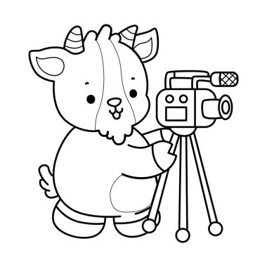 Sevimli keçi hayvan simgesi çıkartmalarının renkli sayfaları. Kamera ile içerik oluşturan keçi taslağı