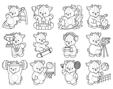 Sevimli keçi hayvan simgesi çıkartmalarının renkli sayfaları. Spor ve spor dallarında keçinin ana hatları