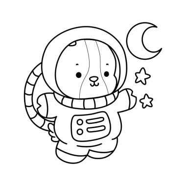 Sevimli keçi hayvan simgesi çıkartmalarının renkli sayfaları. Keçi çizgisi astronot gibi.