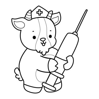 Sevimli keçi hayvan simgesi çıkartmalarının renkli sayfaları. Keçi çizgisi Şırınga getir