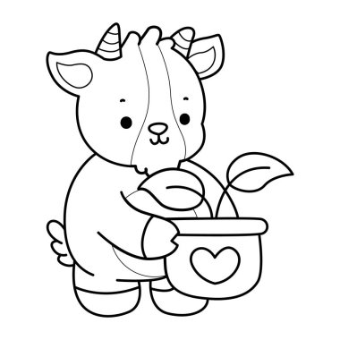 Sevimli keçi hayvan simgesi çıkartmalarının renkli sayfaları. Keçi çizgisi Tencereye bir yaprak getir