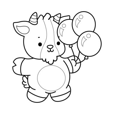 Sevimli keçi hayvan simgesi çıkartmalarının renkli sayfaları. Keçi taslak üç balon getir