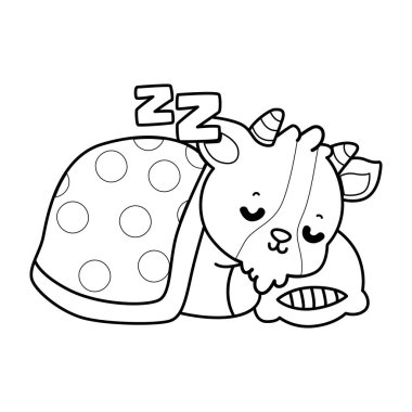 Sevimli keçi hayvan simgesi çıkartmalarının renkli sayfaları. Yatakta uyuyan keçinin ana hatları