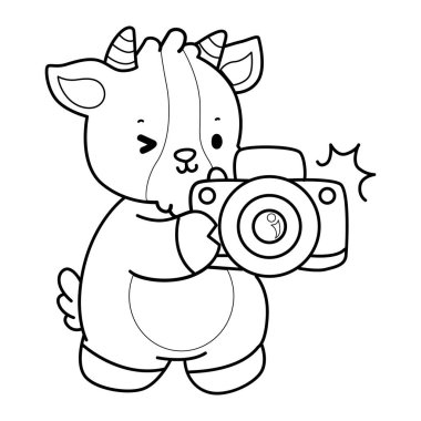 Sevimli keçi hayvan simgesi çıkartmalarının renkli sayfaları. Keçi çizgisi kameraya tıklayın