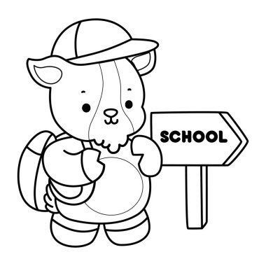 Sevimli keçi hayvan simgesi çıkartmalarının renkli sayfaları. Keçi taslağı okula gitmek istiyor.