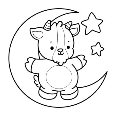 Sevimli keçi hayvan simgesi çıkartmalarının renkli sayfaları. Ayda duran keçi çizgisi