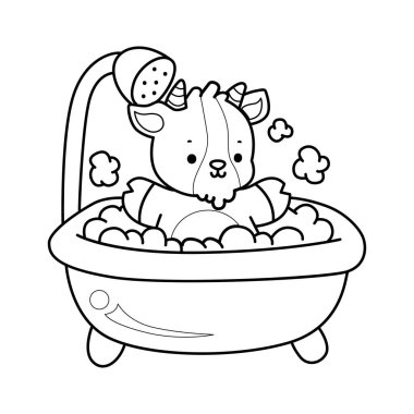 Sevimli keçi hayvan simgesi çıkartmalarının renkli sayfaları. Keçi, banyo yap.