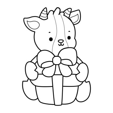 Sevimli keçi hayvan simgesi çıkartmalarının renkli sayfaları. Keçi, hediye kutusu getir.