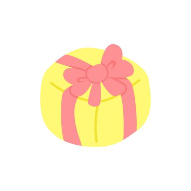 Yapışkan notlar, notlar ya da defter çıkartmaları için şirin pastel eşyalar. Şirin sarı hediye kutusu ve pembe fiyonk.