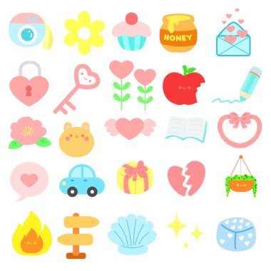 Yapışkan notlar, notlar ya da defter çıkartmaları için şirin pastel eşyalar. Çıkartma ögesinin şirin varyasyonu