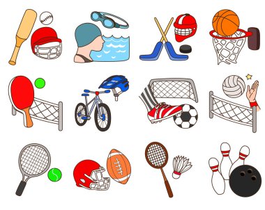 Spor vektörü simgesi koleksiyonu. Spor nesnesnesinin karalaması arkaplan stoğunu izole etti. Eylem unsurları illüstrasyonu. port simgeleri el çizimleri. Spor ve egzersiz elementleri klip sanatı. Eğitim için port ve jimnastik.
