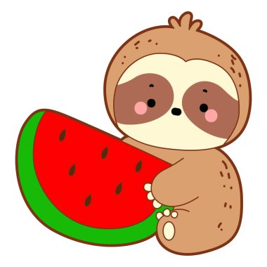 Şirin tembel hayvan vektör ikonu. Komik bebek miskin hayvan hayvan serisi örnekleri. Yumuşak tembel hayvan tasarımlarının yavaş yaşamı. Sevimli tembellerin boyama sayfaları. SLoth bir karpuz getir.