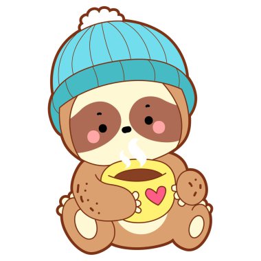 Şirin tembel hayvan vektör ikonu. Komik bebek miskin hayvan hayvan serisi örnekleri. Yumuşak tembel hayvan tasarımlarının yavaş yaşamı. Sevimli tembellerin boyama sayfaları. Tembel, çayın tadını çıkar.