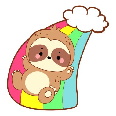 Şirin tembel hayvan vektör ikonu. Komik bebek miskin hayvan hayvan serisi örnekleri. Yumuşak tembel hayvan tasarımlarının yavaş yaşamı. Sevimli tembelliğin boyama sayfaları. Gökkuşağında kayan kumaş.