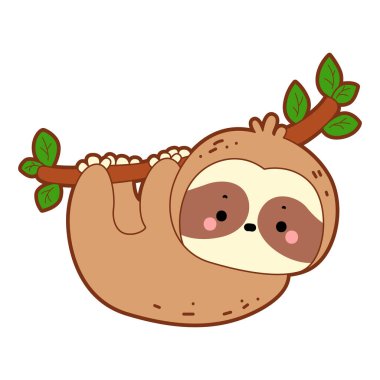 Şirin tembel hayvan vektör ikonu. Komik bebek miskin hayvan hayvan serisi örnekleri. Yumuşak tembel hayvan tasarımlarının yavaş yaşamı. Sevimli tembellerin boyama sayfaları. Tembel hayvan dal asıyor.