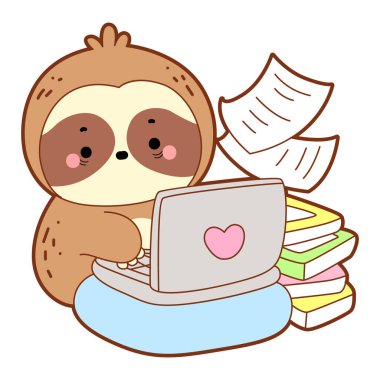 Şirin tembel hayvan vektör ikonu. Komik bebek miskin hayvan hayvan serisi örnekleri. Yumuşak tembel hayvan tasarımlarının yavaş yaşamı. Sevimli tembellerin boyama sayfaları. SLoth not defterine yazıyormuş.