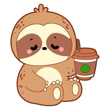 Şirin tembel hayvan vektör ikonu. Komik bebek miskin hayvan hayvan serisi örnekleri. Yumuşak tembel hayvan tasarımlarının yavaş yaşamı. Bir fincan kahveyle sayfalar dolusu şirin tembel hayvan.