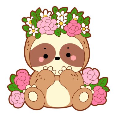 Şirin tembel hayvan vektör ikonu. Komik bebek miskin hayvan hayvan serisi örnekleri. Yumuşak tembel hayvan tasarımlarının yavaş yaşamı. Sevimli tembellerin boyama sayfaları. Pembe gül çiçeğinin ortasında tembellik.