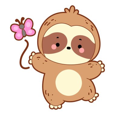 Şirin tembel hayvan vektör ikonu. Komik bebek miskin hayvan hayvan serisi örnekleri. Yumuşak tembel hayvan tasarımlarının yavaş yaşamı. Sevimli tembellerin boyama sayfaları. Tembel hayvan kelebekle oynuyor.