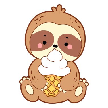 Şirin tembel hayvan vektör ikonu. Komik bebek miskin hayvan hayvan serisi örnekleri. Yumuşak tembel hayvan tasarımlarının yavaş yaşamı. Sevimli tembellerin boyama sayfaları. Tembel hayvan çilekli dondurma getir.