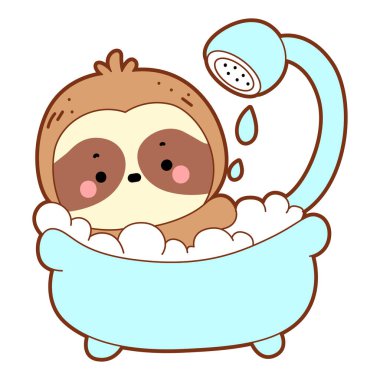 Şirin tembel hayvan vektör ikonu. Komik bebek miskin hayvan hayvan serisi örnekleri. Yumuşak tembel hayvan tasarımlarının yavaş yaşamı. Sevimli tembellerin boyama sayfaları. Tembel hayvan, banyo yap.